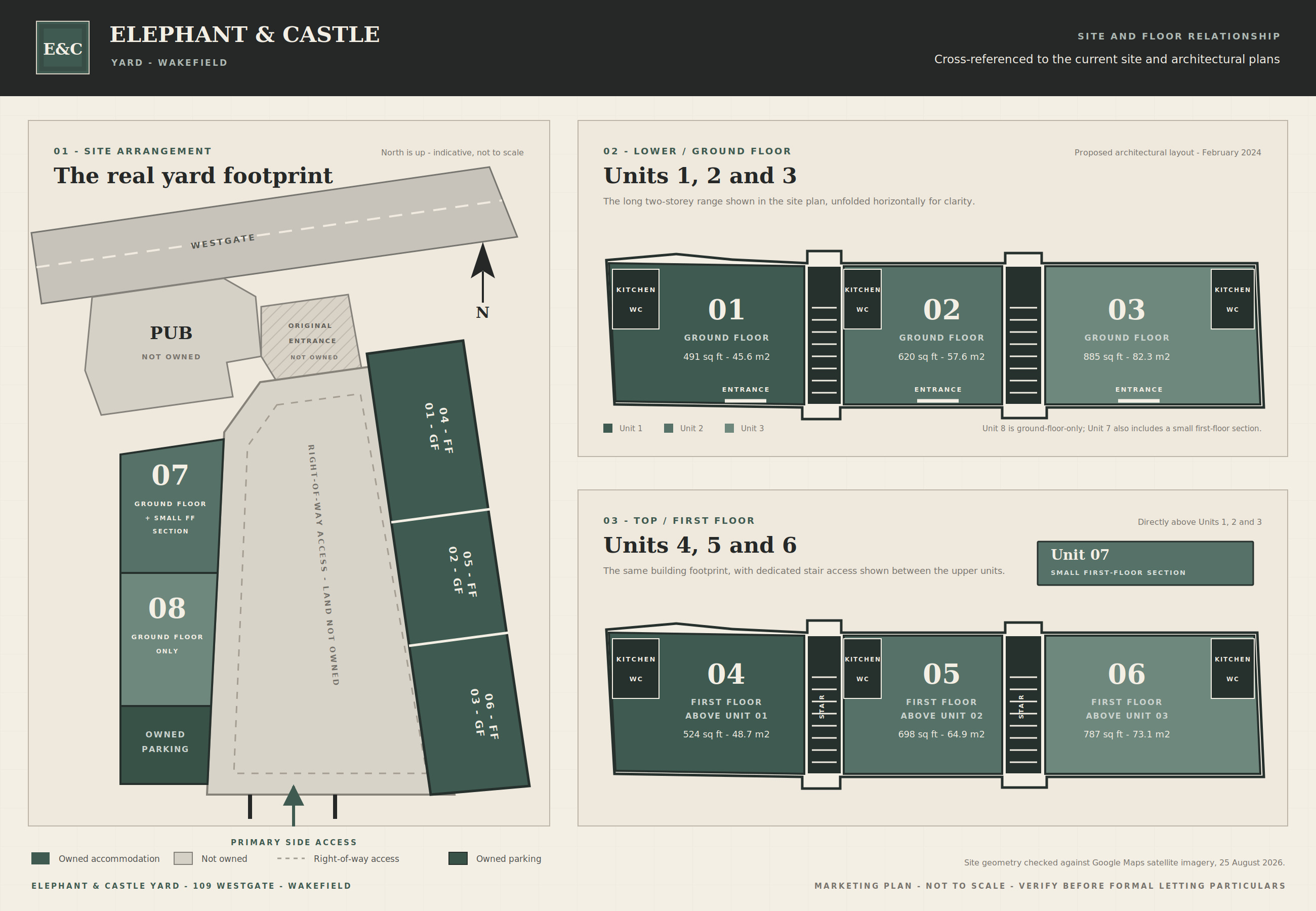 Estate plan of Elephant and Castle Yard showing the two continuous unit buildings, Units 1 to 8, the ground and first-floor arrangements, Unit 7's small upper section, owned parking, and right-of-way access