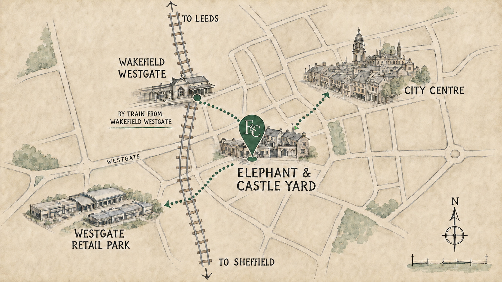 Illustrated map showing Elephant and Castle Yard, Wakefield city centre, Wakefield Westgate station, Westgate Retail Park and railway links towards Leeds and Sheffield